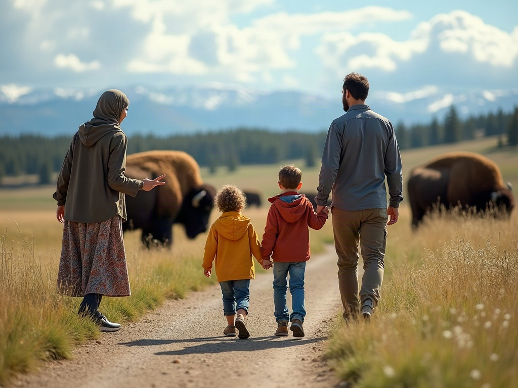 A parent calmly managing a minor first-aid situation on the trail while the other parent comforts the sibling.