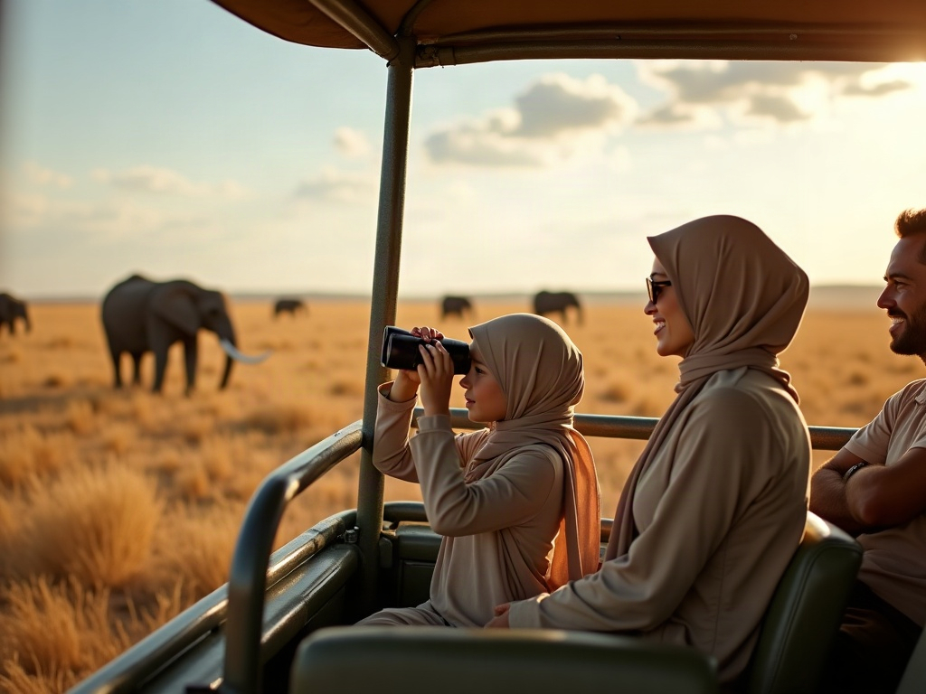 A child viewing wildlife safely from a safari vehicle, demonstrating an unscripted, immersive educational encounter.