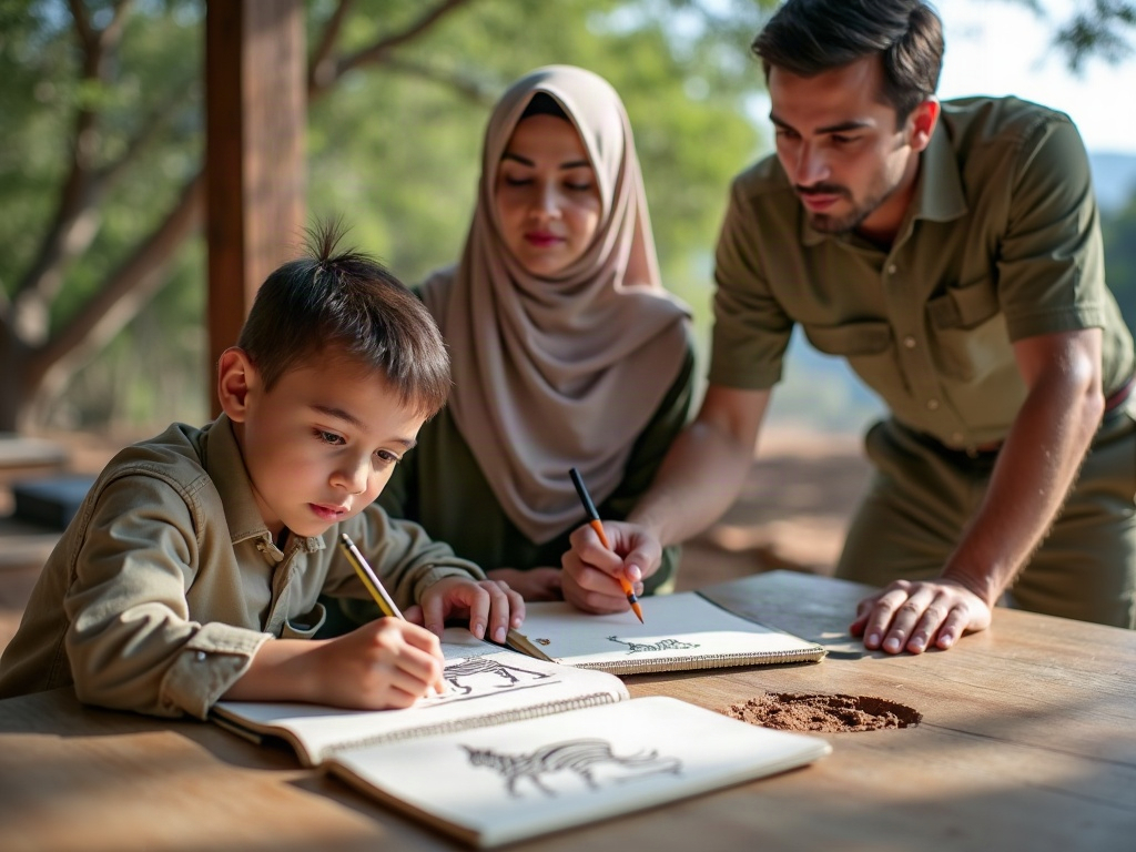 A family actively engaged in learning conservation and tracking skills with a local expert guide.