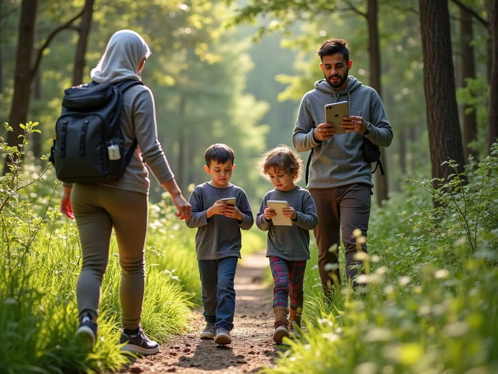 A child completing a visual scavenger hunt worksheet while exploring a natural park.