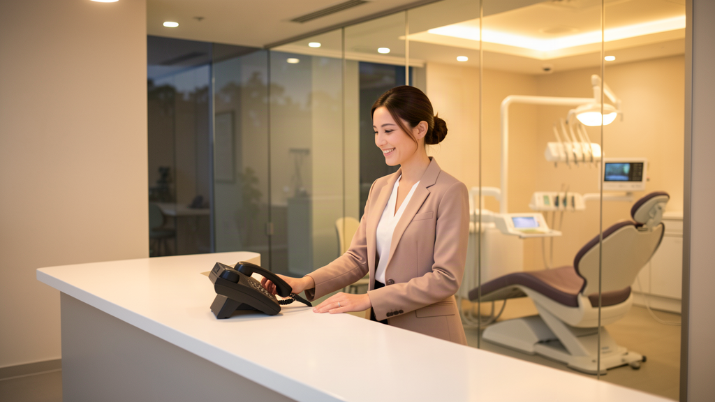 A modern dental practice front desk in the evening with a receptionist reaching to answer a ringing phone, no text