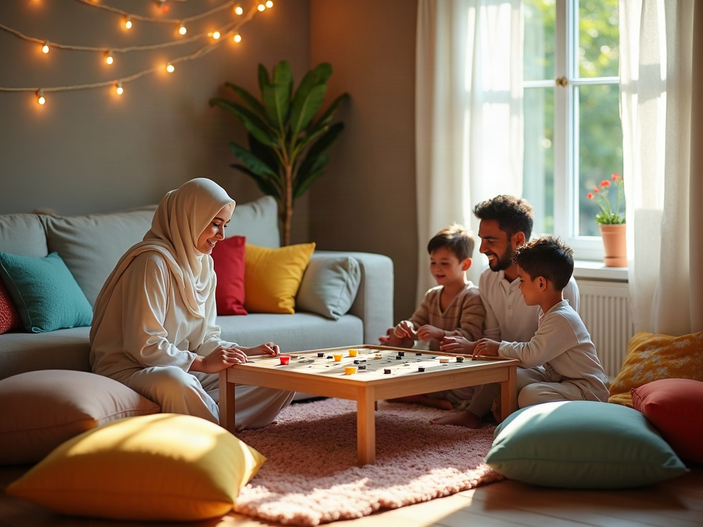 A family relaxing in a fully transformed, resort-style backyard setup during a staycation.