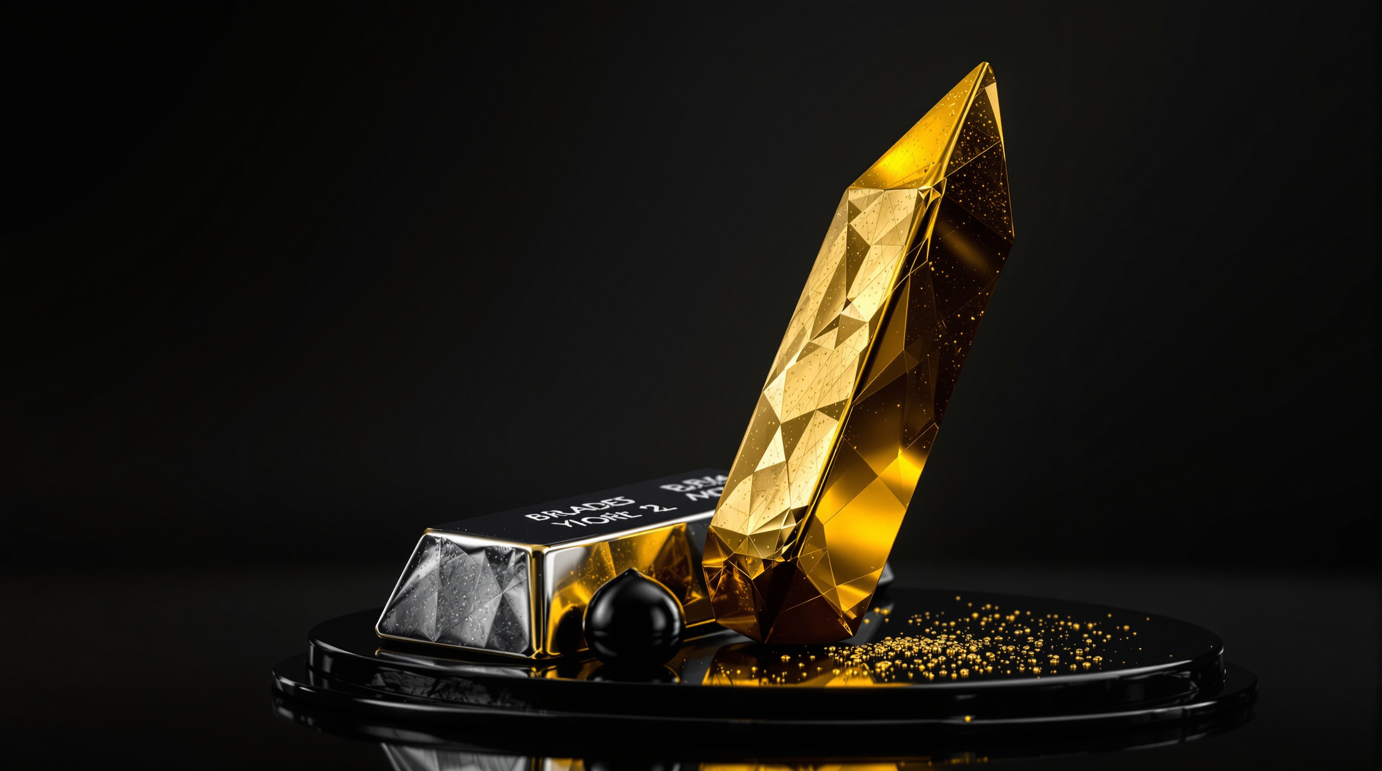 a faceted gold spike and a toppled silver market bar on a glossy black plinth, accompanied by a single glossy black oil droplet — editorial cover artwork for the Knightron story on Markets Slide As 10 Year Yield Hits 5%, Fed Rate Hike Looms