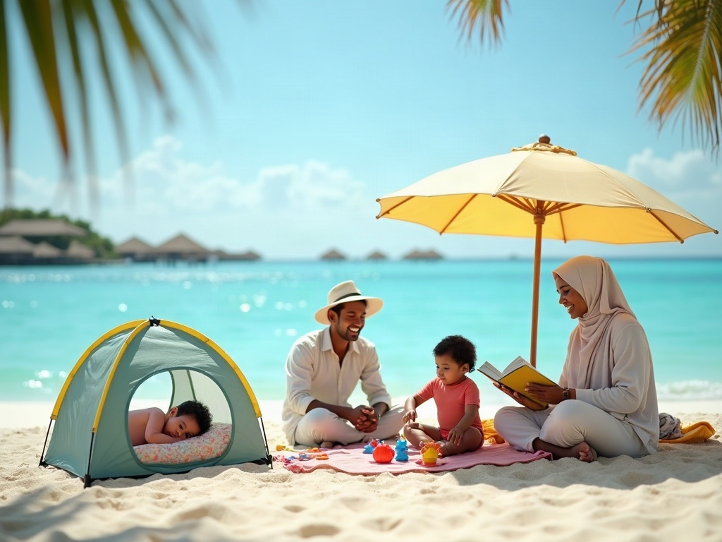 A well-organized family beach bag with distinct compartments for toddlers and teenagers.