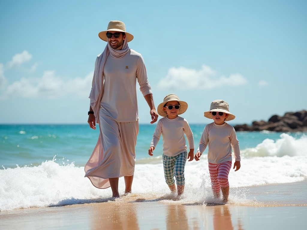 A child fully protected by a UPF rash guard, wide-brim hat, and physical shade structure on the beach.
