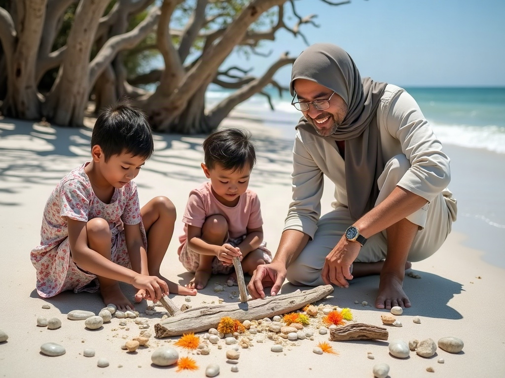 A family using a field guide to identify marine life in a tide pool.
