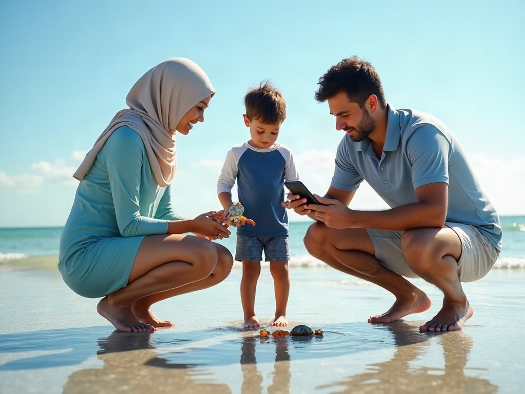 A parent comforting a tired toddler on the beach, highlighting the necessity of managing biological energy levels.