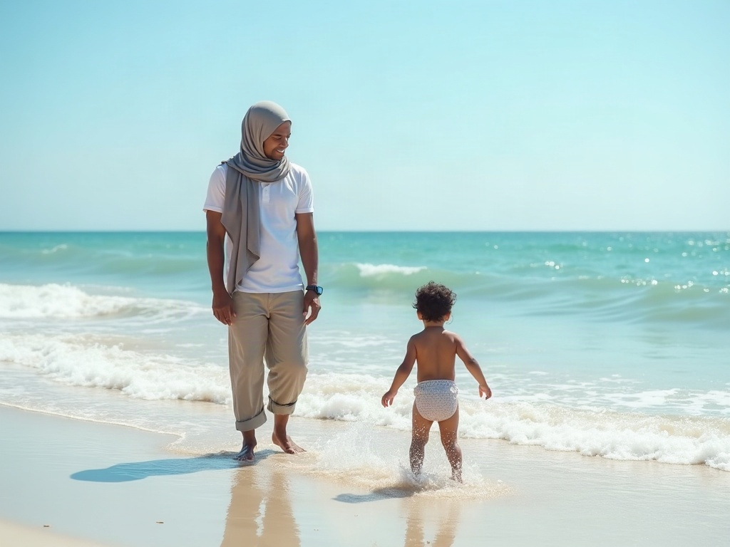 A family with young children playing safely in a calm, shallow beach cove protected from heavy waves.