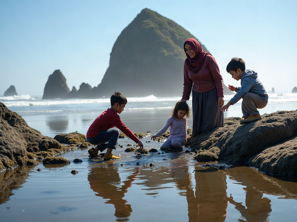 A rigid, accessible beach mat extending over soft sand, allowing a family with a stroller to easily reach the shoreline.
