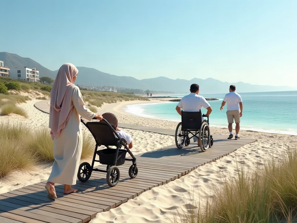 A family with a small child appearing overwhelmed and hesitant in front of rough, crashing surf.