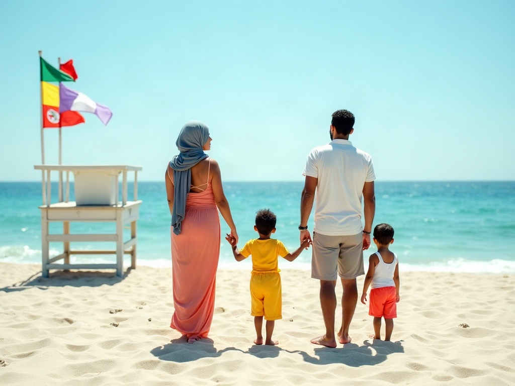 A lifeguard tower overseeing a calm family beach, highlighting the importance of pre-trip safety evaluations.