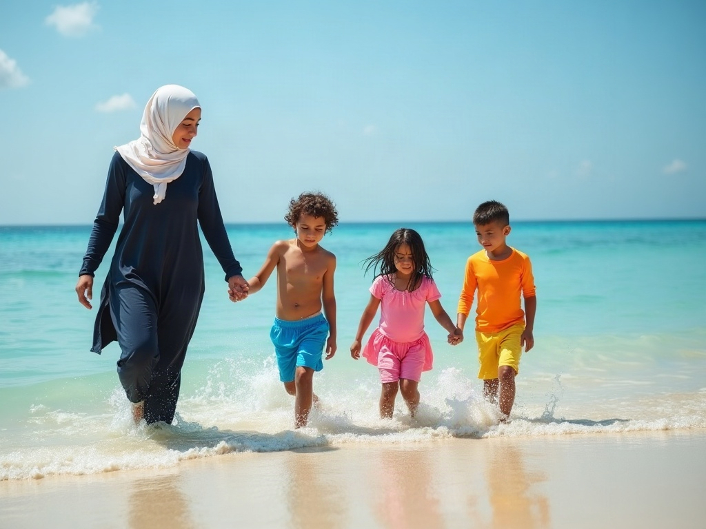 A family safely enjoying a gently sloping beach with clear sightlines and essential amenities nearby.