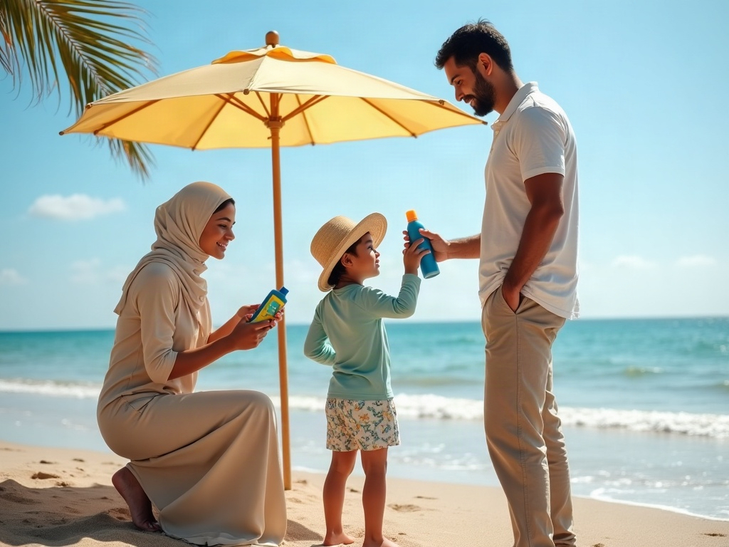 Children wearing UPF-rated rash guards and wide-brimmed hats playing safely under a beach tent.