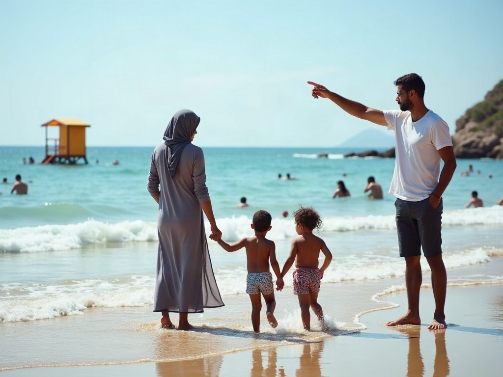 A parent acting as a dedicated Water Watcher, maintaining constant supervision of children in the surf zone.