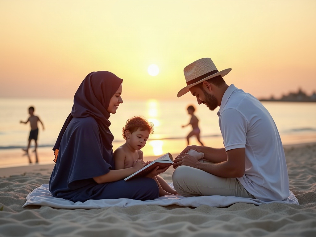 A multi-generational family relaxing together on a pristine beach.