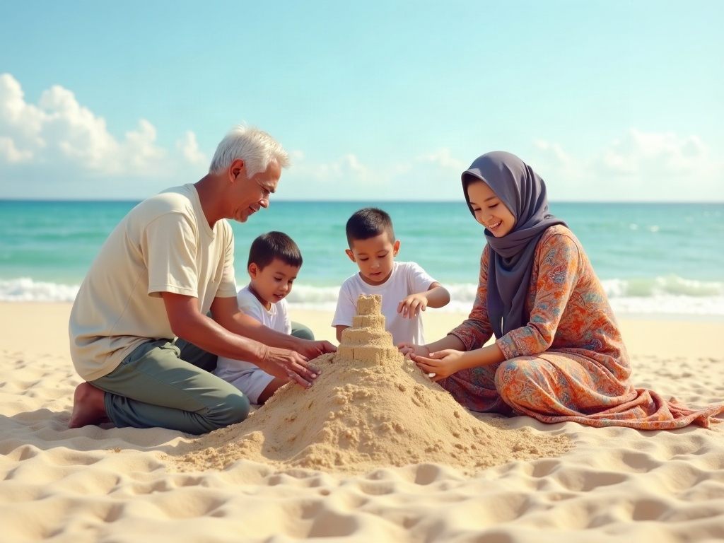 A grandparent and grandchild happily building a sandcastle together near the shoreline.