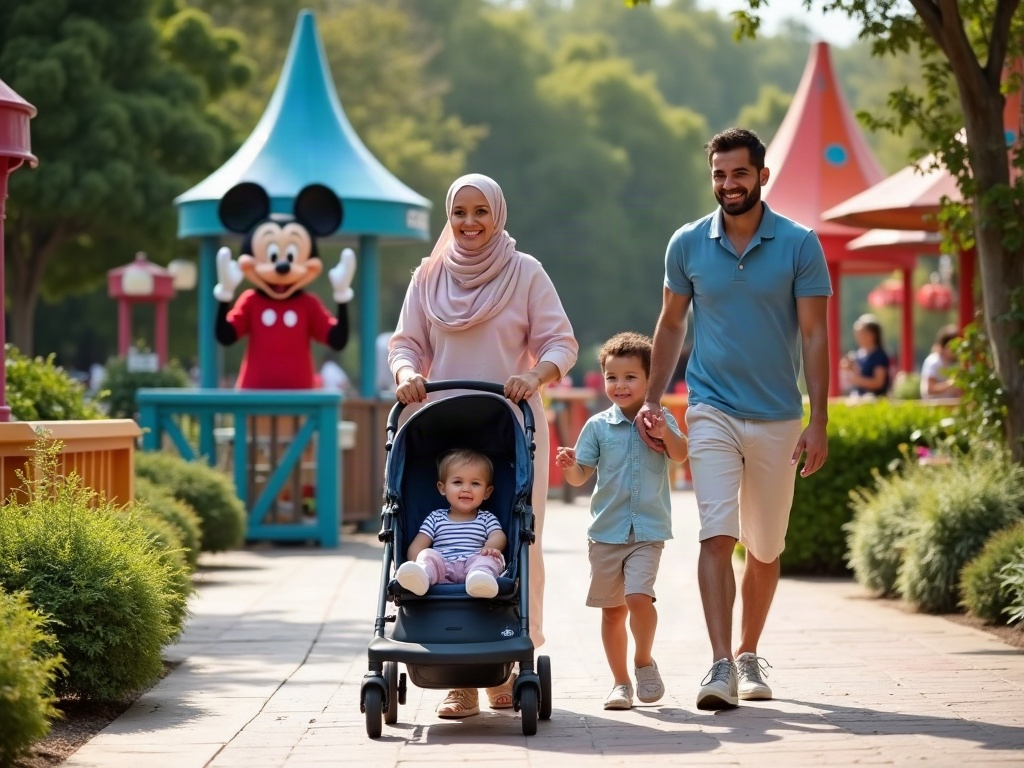 A parent and child sharing a stress-free meal at a theme park.