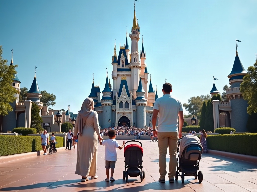A towering, intricately detailed theme park castle utilizing forced perspective to appear massive against the sky.
