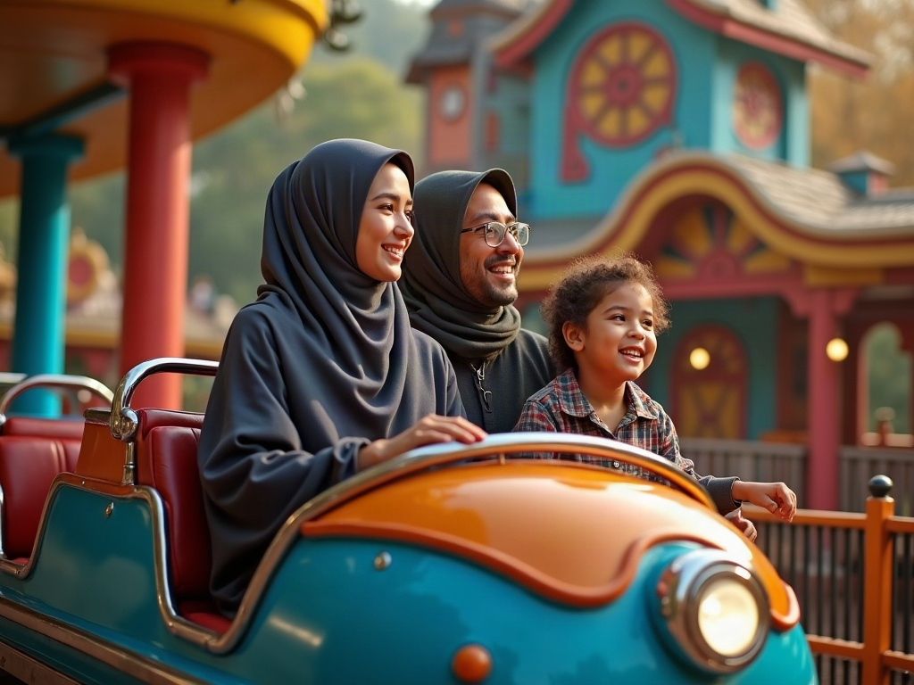 A family laughing together while riding a brightly colored theme park attraction.