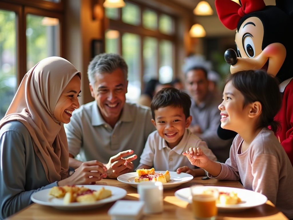 A family relaxing by a serene resort pool, escaping the mid-day heat of the theme park.