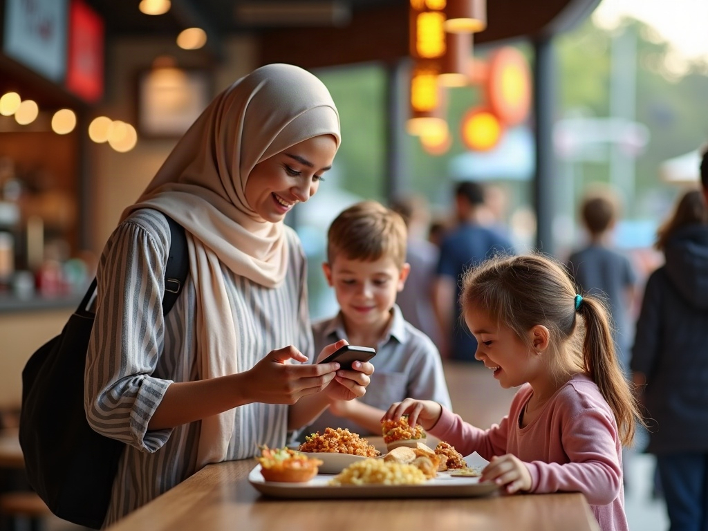 Family using a theme park app to check real-time wait times for rides.