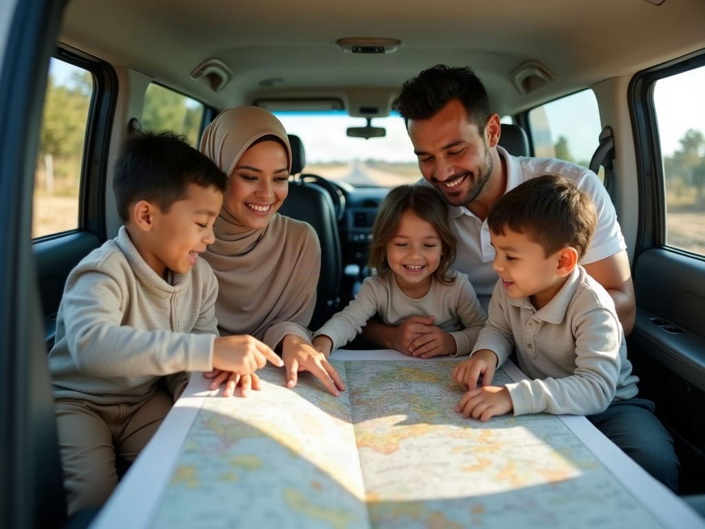 A family vehicle driving down a scenic highway flanked by mountains, illustrating the concept of the journey being the destination.