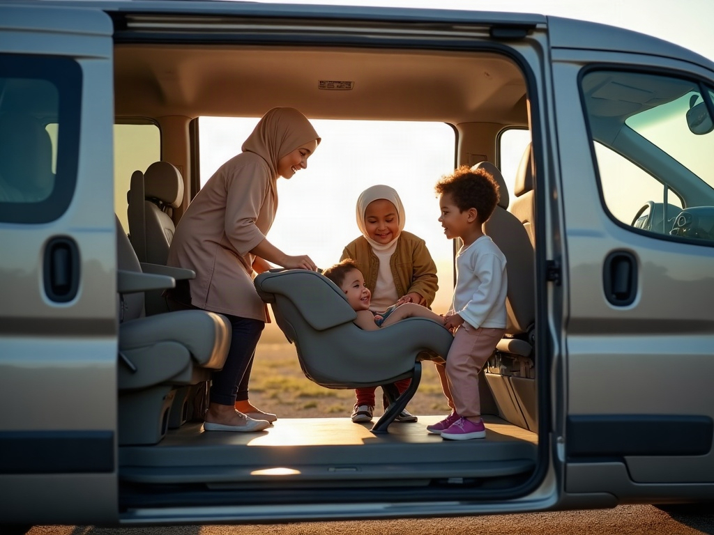 A view from the front seat looking back at children comfortably seated in the rear rows of a spacious vehicle.