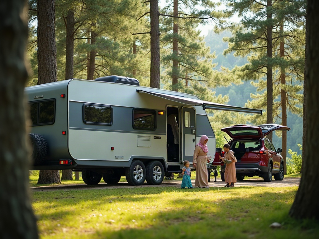 A family relaxing outside their Class C RV parked at a scenic, forested campground.