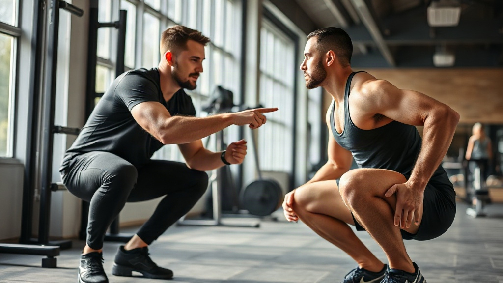 Personal trainer closely observing a client's squat form in a bright modern gym, pointing at the cli