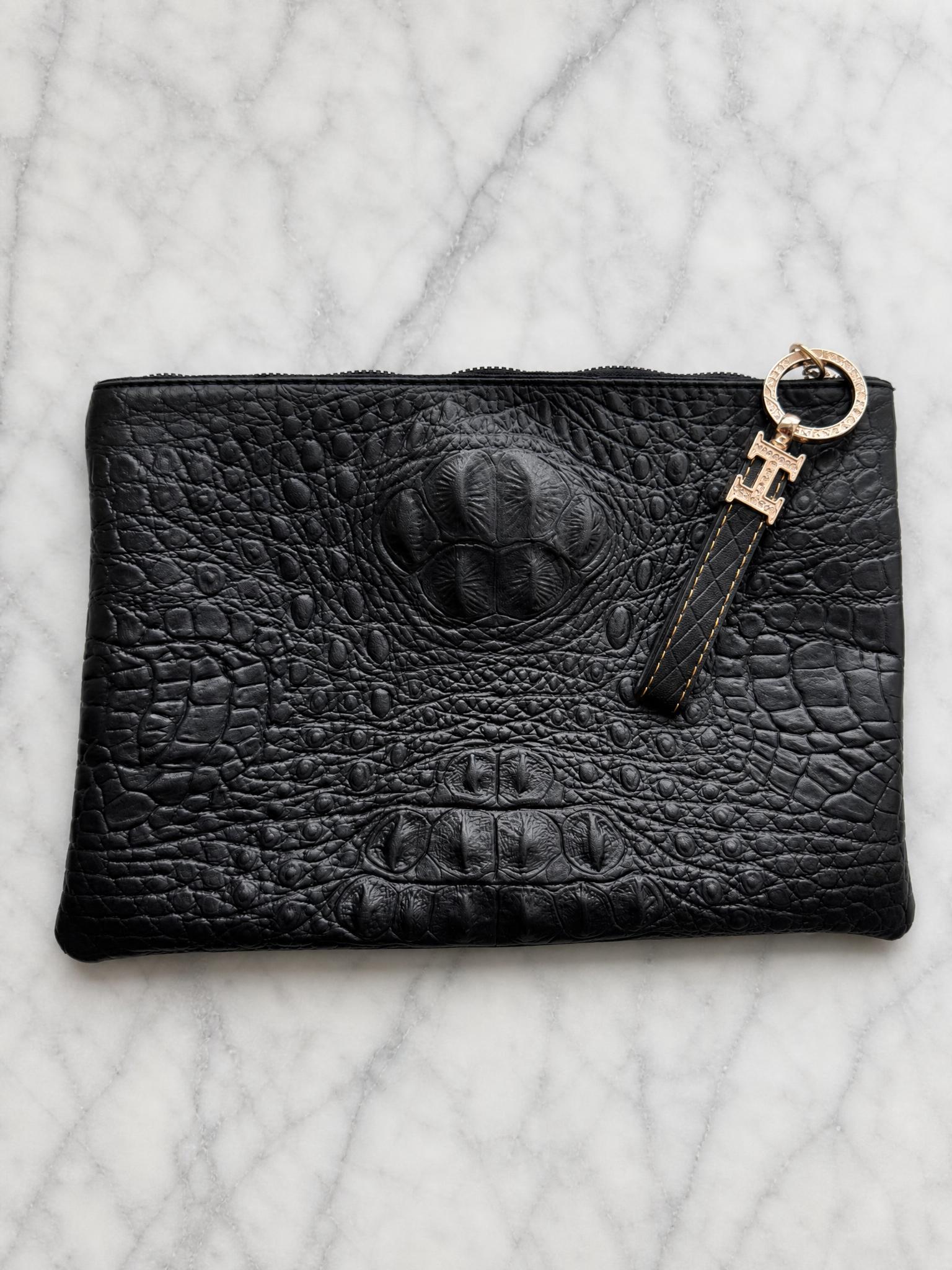 Black Crocodile-Effect Clutch Bag with Gold Charm - Very Good