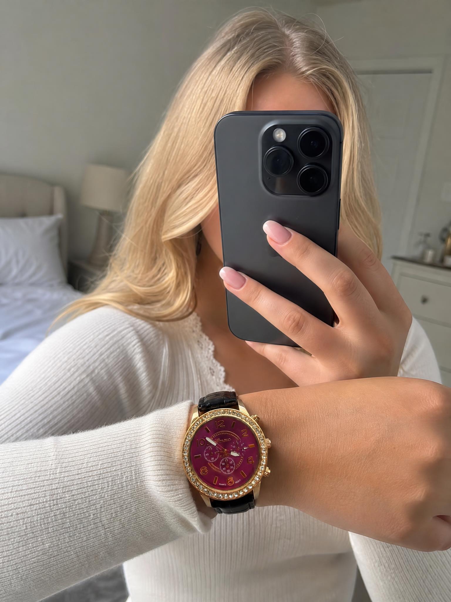 Geneve Gold-Tone Burgundy Crystal-Effect Watch