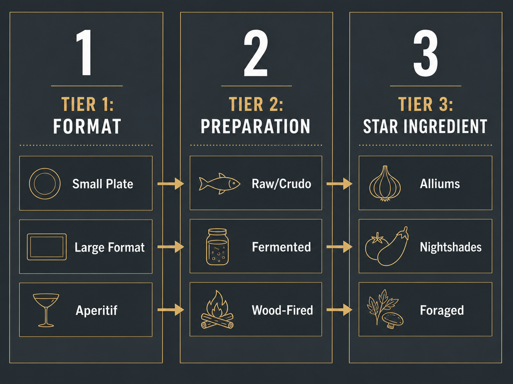 A three-column infographic displaying a foodie dish taxonomy with Tier 1 Format, Tier 2 Preparation, and Tier 3 Star Ingredient categories.