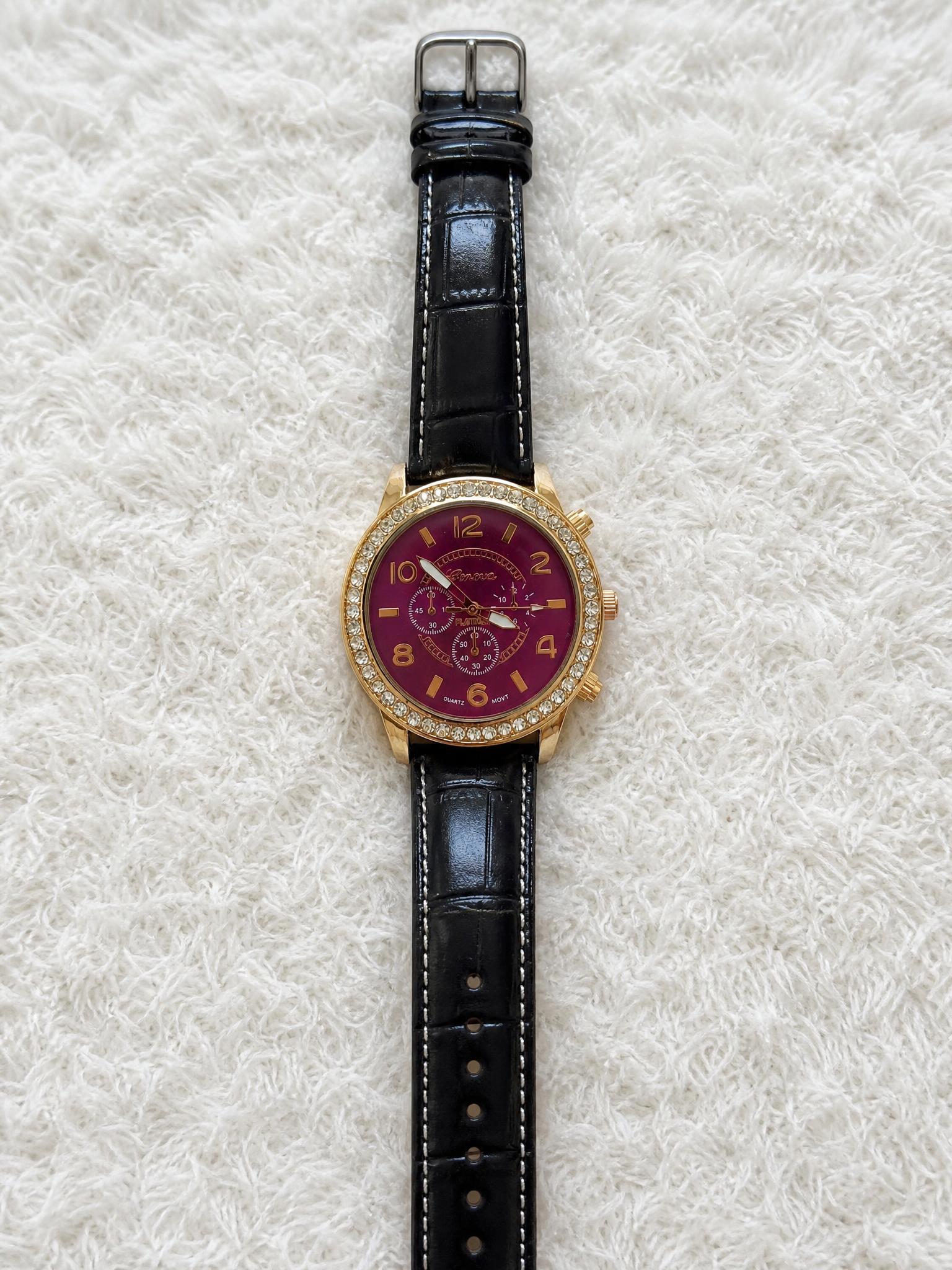 Geneva Gold-Tone Burgundy Rhinestone Chronograph Watch