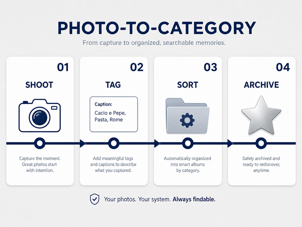 Four-step process diagram illustrating the workflow from shooting a food photo to tagging, sorting, and archiving it into a searchable system.