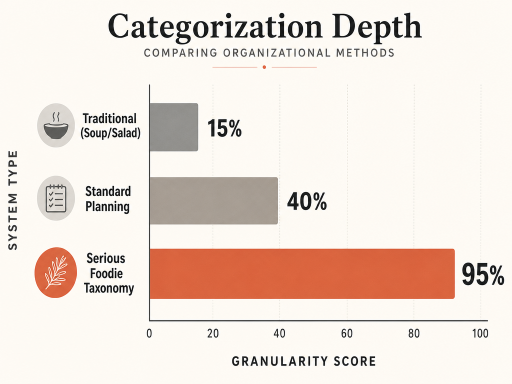 Horizontal bar chart comparing the granularity of traditional meal categories versus a specialized serious foodie taxonomy for dish organization.
