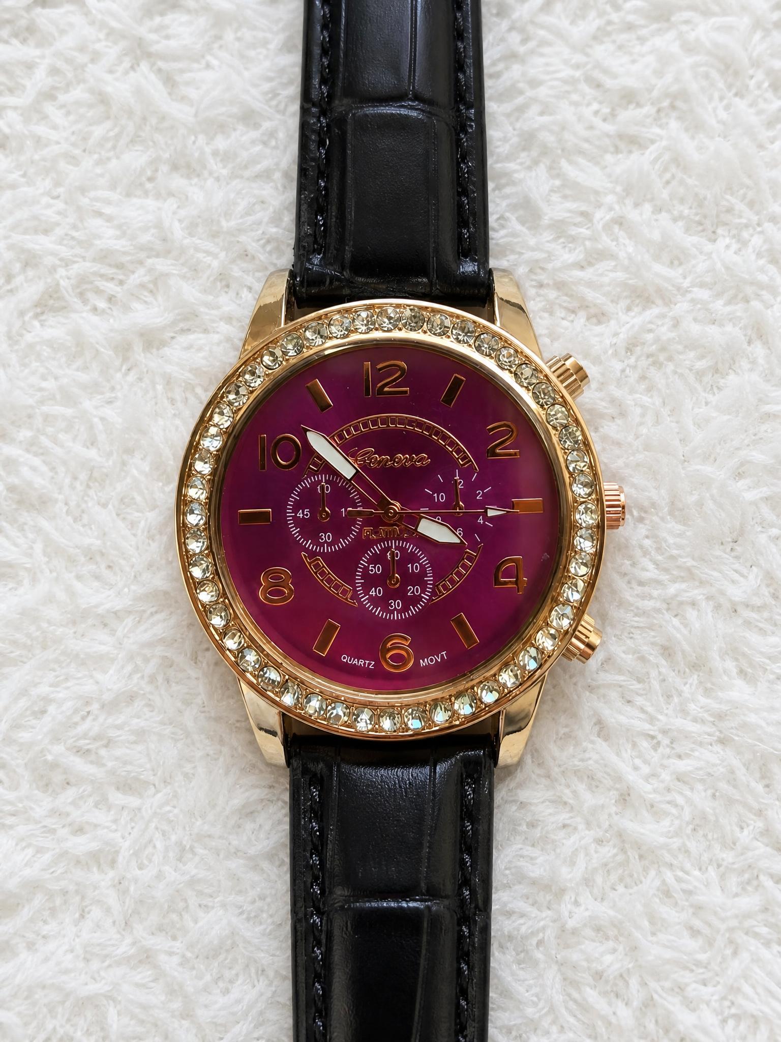 Geneva burgundy crystal bezel watch with black strap