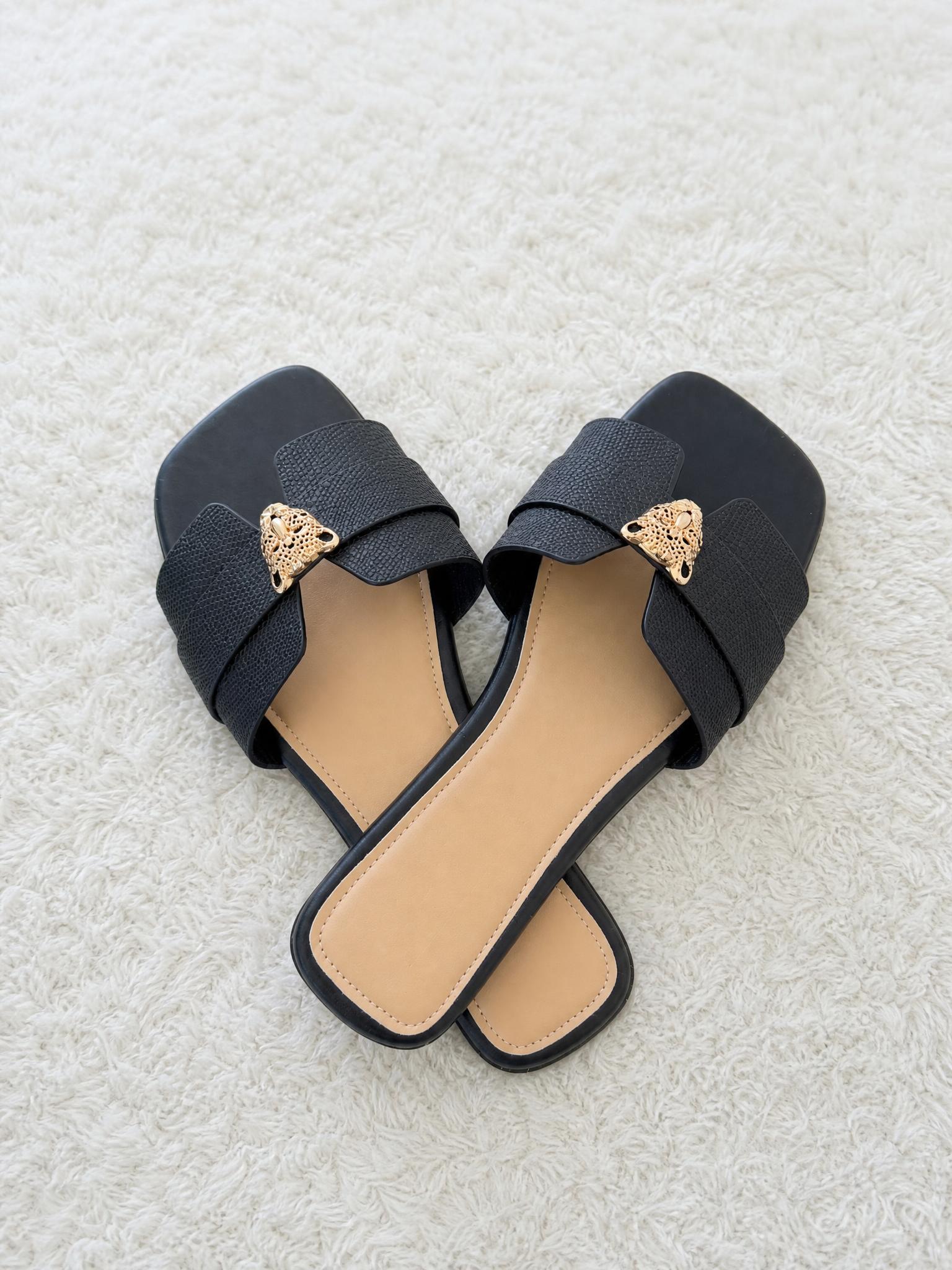 Black Crossover Strap Sandals with Gold Filigree Detail