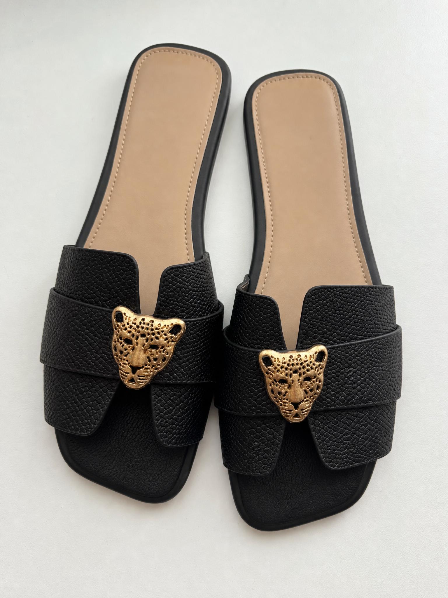 Black Textured Slide Sandals with Gold Leopard Detail – Very Good