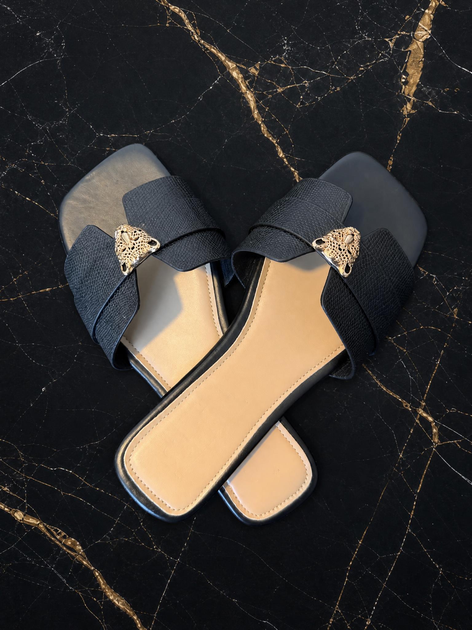 Black Flat Slide Sandals with Gold Leopard Embellishments