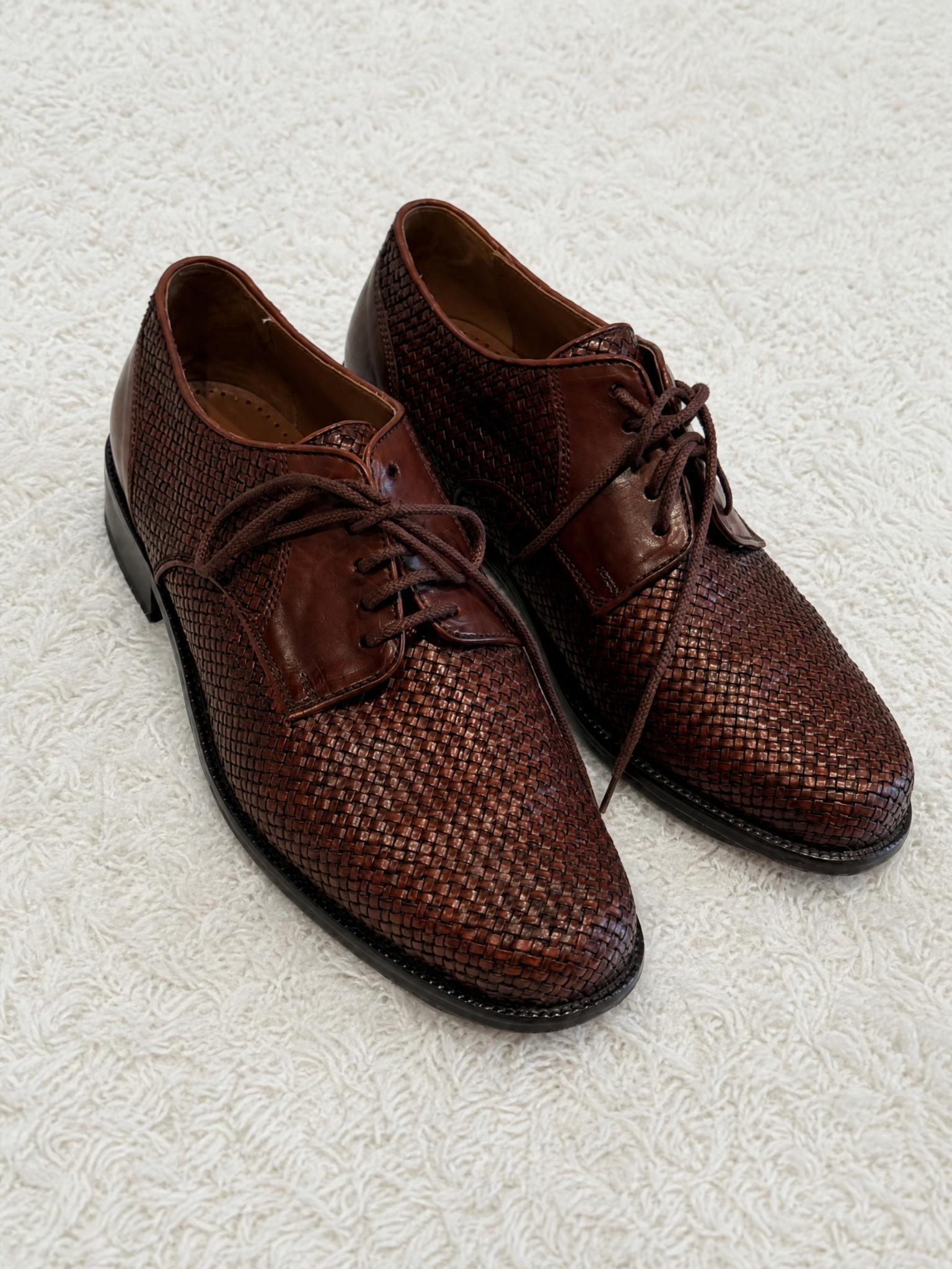 Woven Leather Derby Shoes Brown Lace-Up Formal