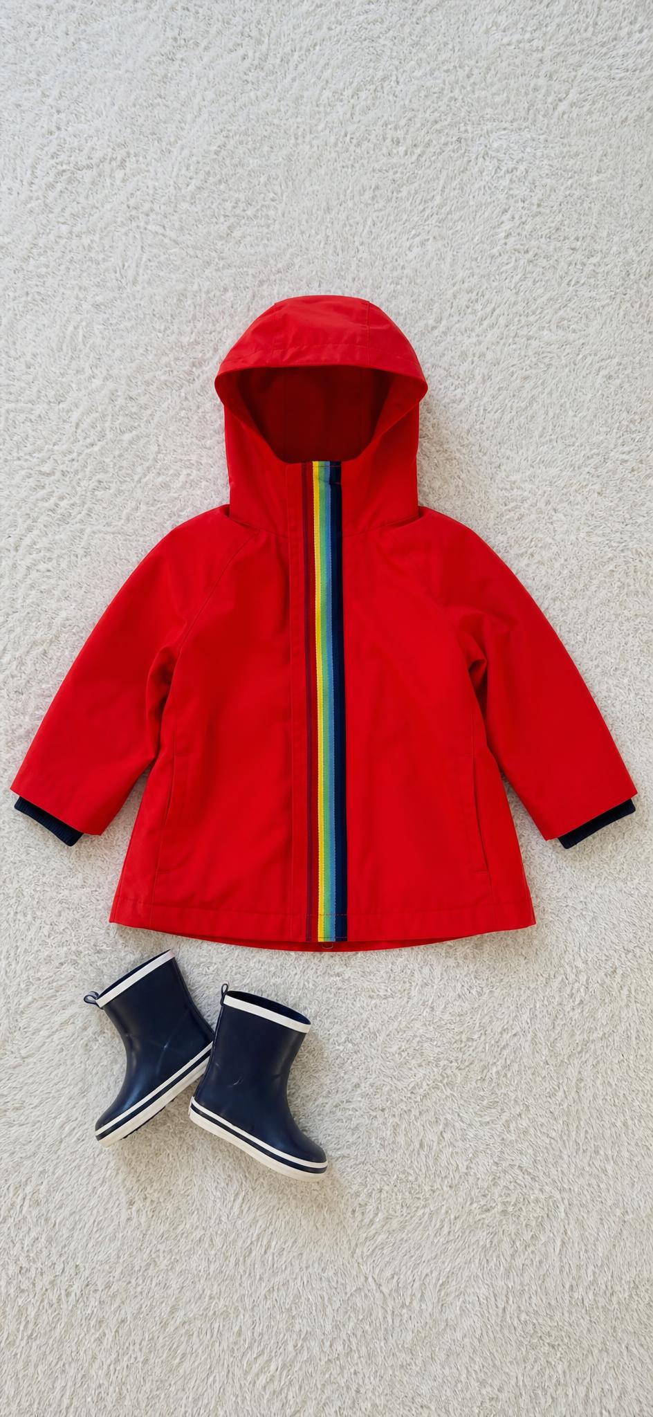 Kids red hooded jacket with rainbow stripe – very good condition