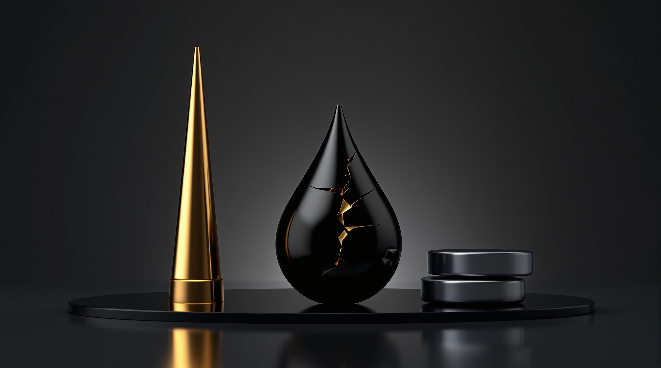 a trio of polished sculptural objects: a tall gold-tipped bond spike, a cracked glossy oil droplet, and three stacked matte crypto discs beginning to  — editorial cover artwork for the Knightron story on Stocks Slip As 10 Year Treasury Yield Crosses 5%, Oil Surges
