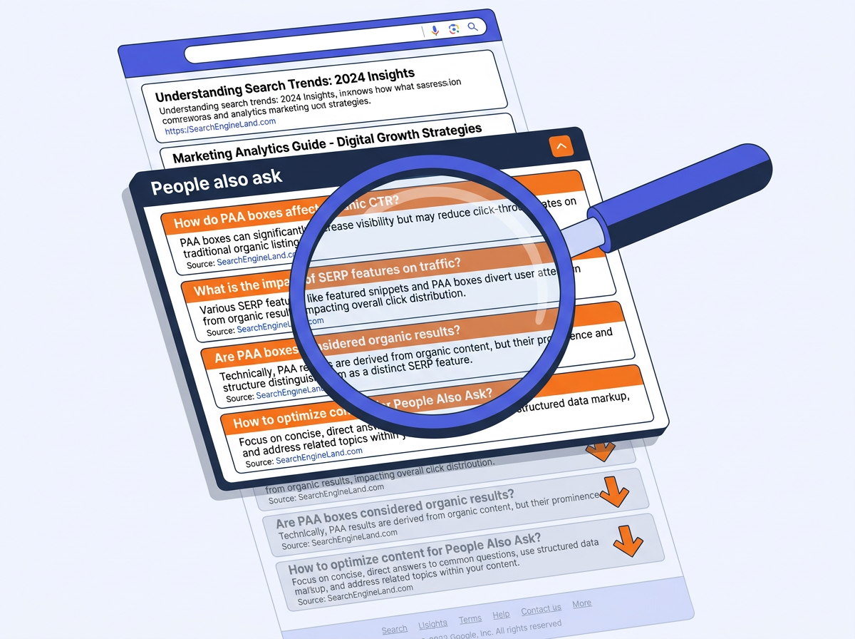 Illustration of PAA box overshadowing organic search results with declining click arrows