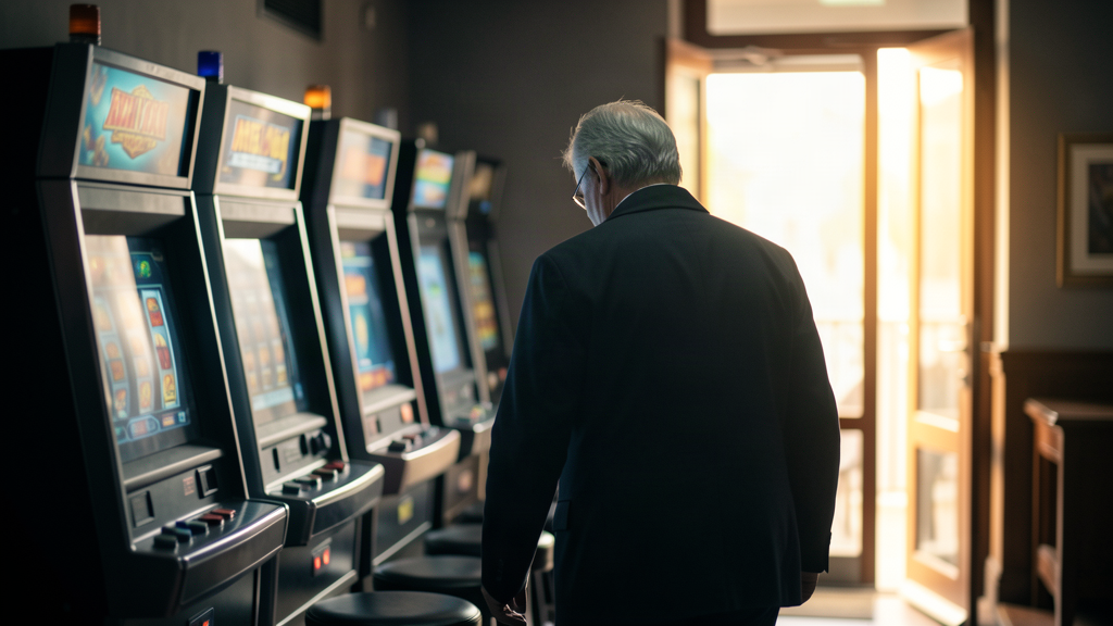 Un uomo si allontana dalle slot machine verso la luce: smettere di giocare è possibile