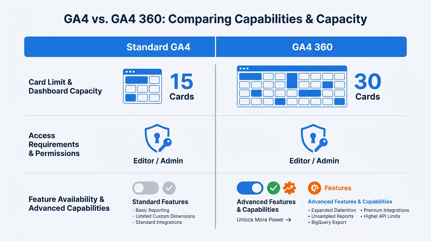 GA4 standard vs GA4 360 dashboard card limits comparison infographic