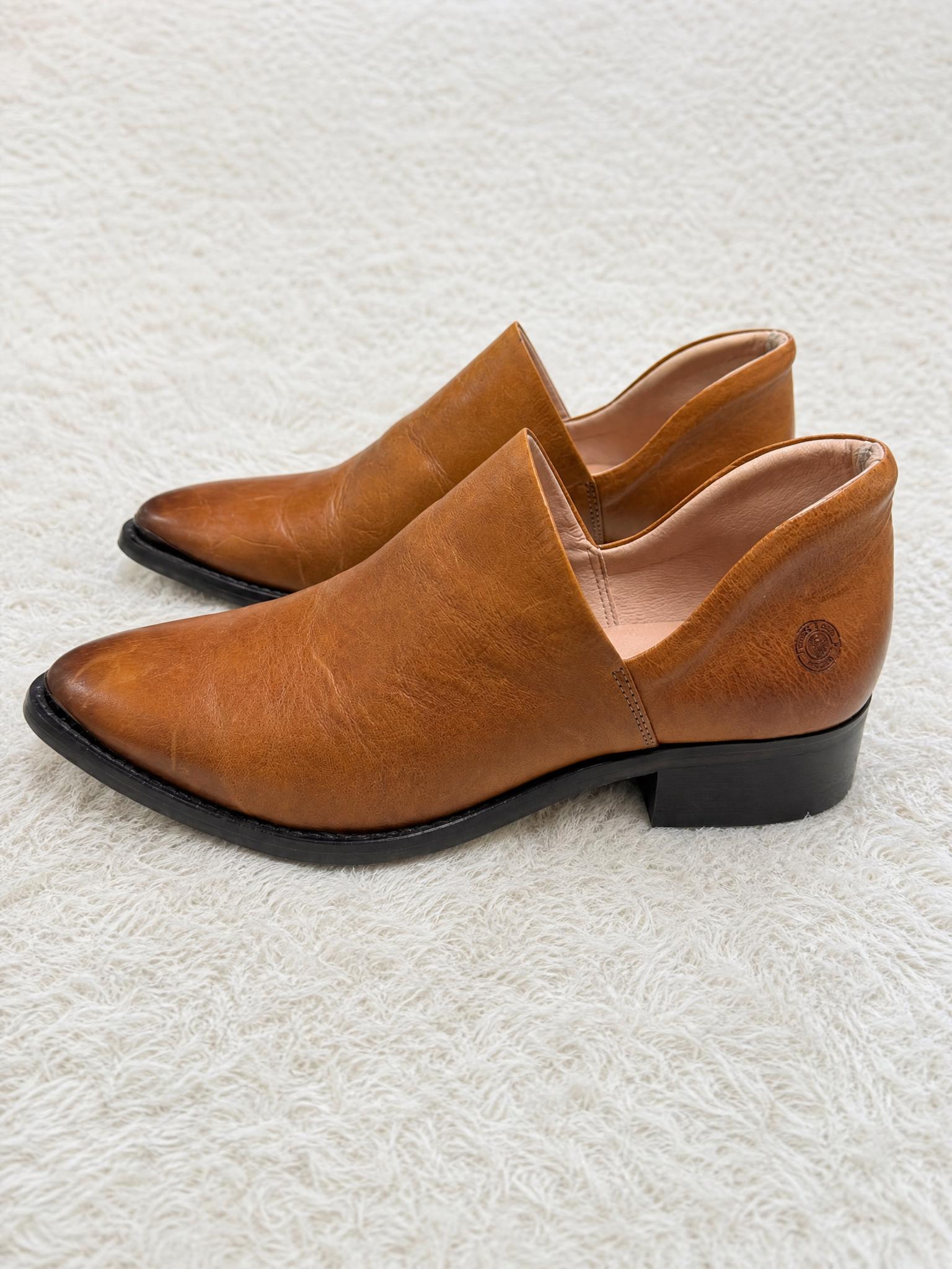 Cognac Tan Leather-Look Pointed Court Shoes Low Block Heel