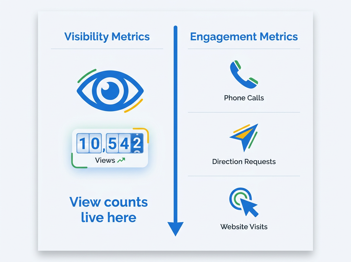 Infographic comparing Google Posts view counts visibility metrics versus engagement metrics