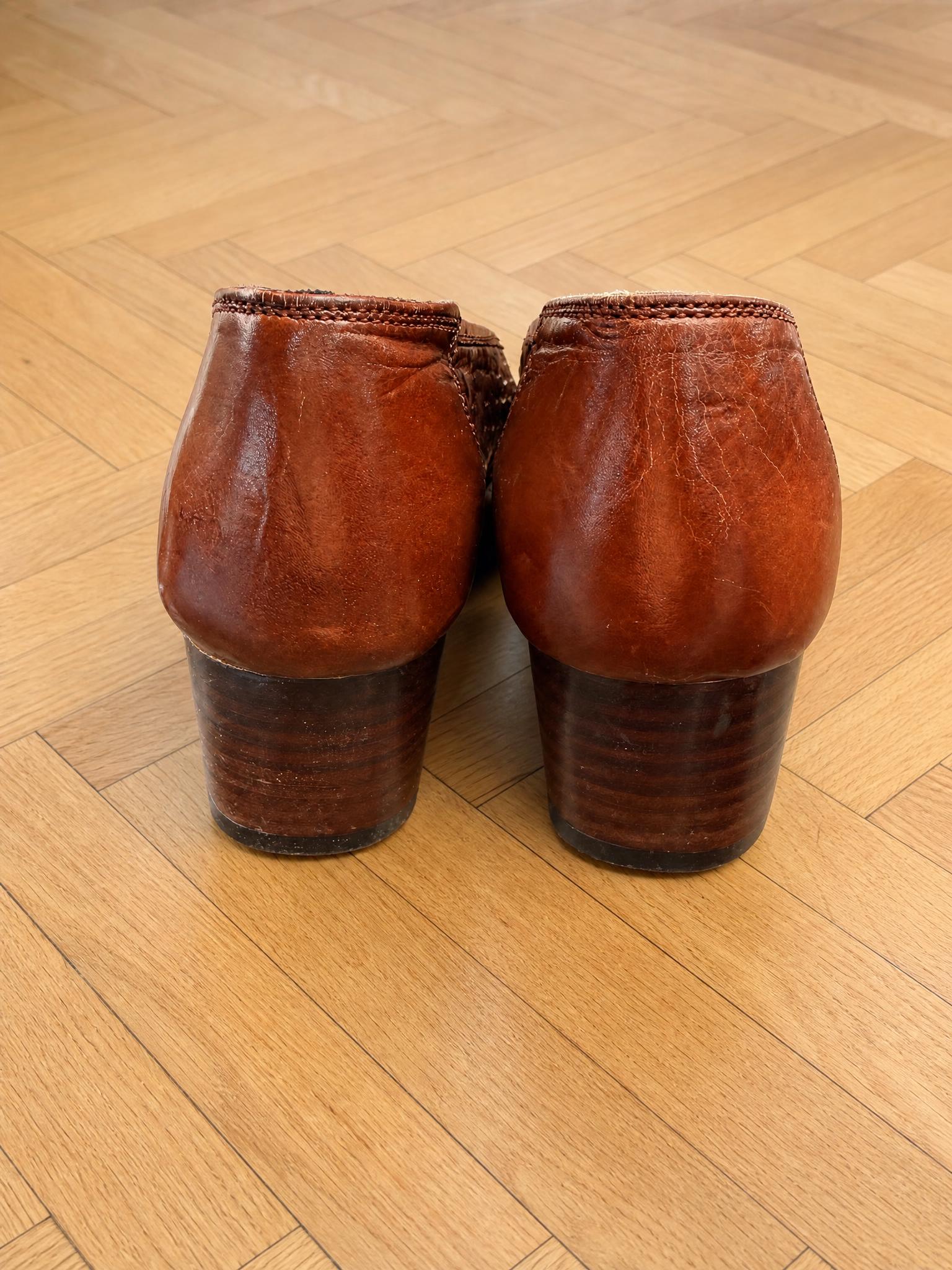 Brown Leather-Style Chunky Heel Court Shoes - Good Condition