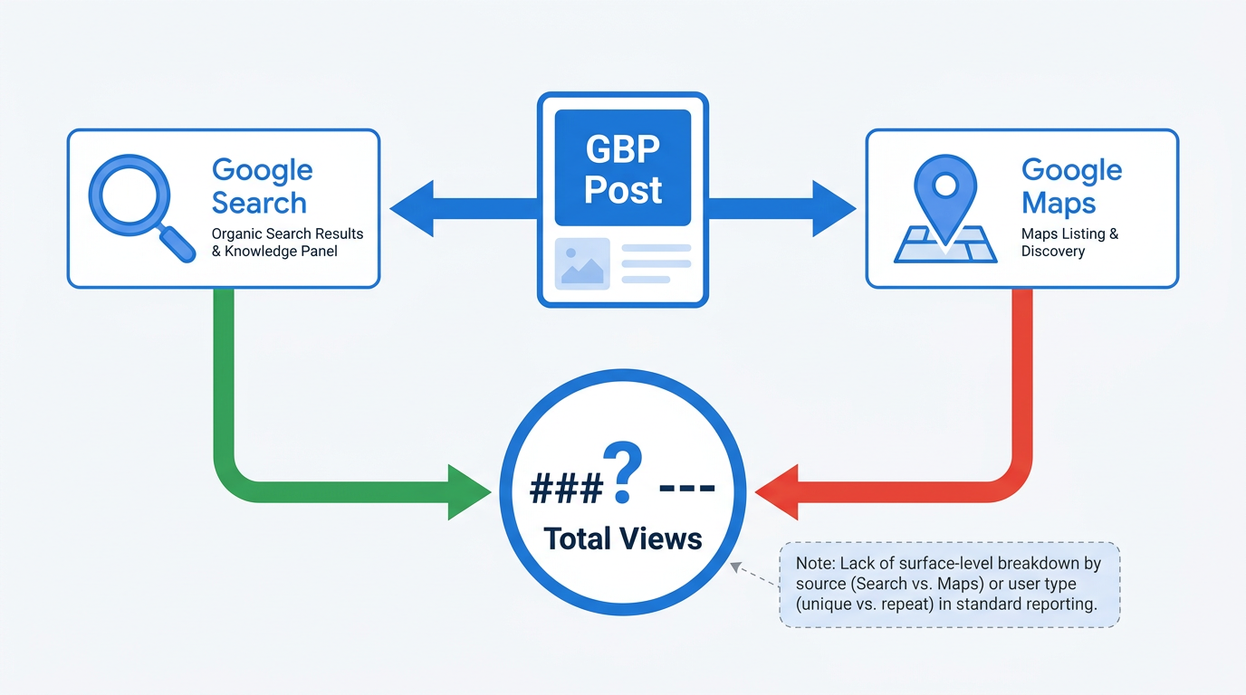 Flowchart showing Google Business Profile post views from Search and Maps merging into one total