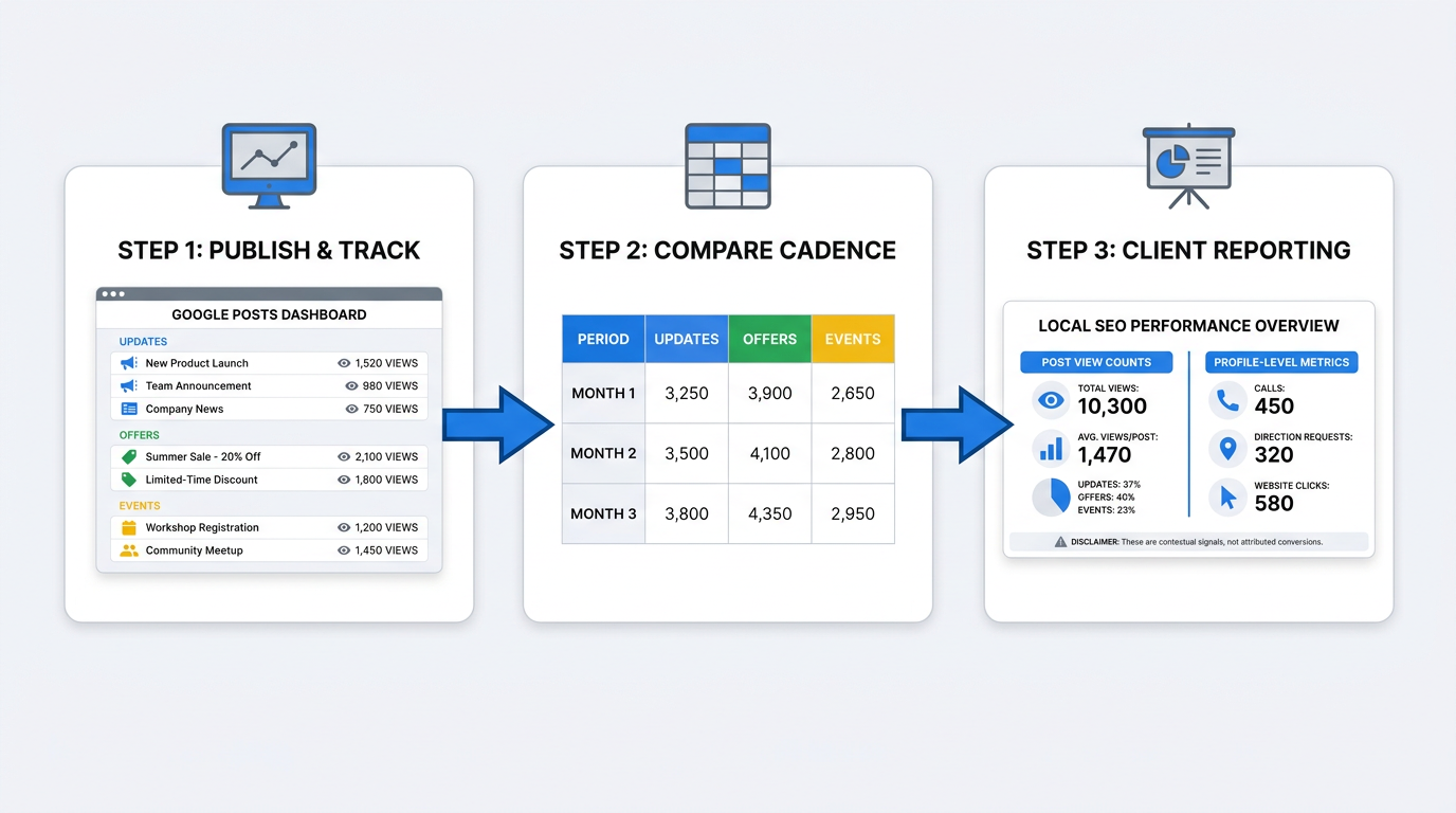 Three-step workflow for tracking Google Posts view counts in client reporting